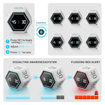 Visual Productivity Timer with Stopwatch, 5 & 25 Minute Presets | 6 Presets 3, 5, 10, 25, 30 & 50 Minutes with Silent, Vibration and Sound Alerts for ADHD, Study, Work and Classroom - color: White