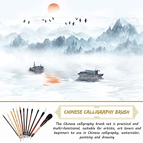 12 Pieces Chinese Calligraphy Brush Set with Sumi Watercolor | Roll-Up Bamboo Holder, Japanese Kanji Writing, Ink Painting, Goat Hair Tips, Beginner Artist Kit