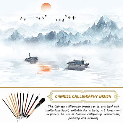 12 Pieces Chinese Calligraphy Brush Set with Sumi Watercolor | Roll-Up Bamboo Holder, Japanese Kanji Writing, Ink Painting, Goat Hair Tips, Beginner Artist Kit
