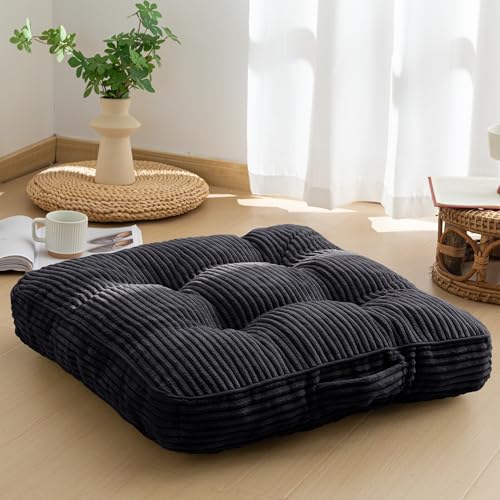 HIGOGOGO Floor Pillow Cushion for Adults, Meditation Cushion Pillow, Large Square Floor Sitting, Tufted Corduroy Cover, for Tatami Living Room or Yoga, 22x22 Inch, Black - color: Square Black, size: 4" Thick(Pack of 1)