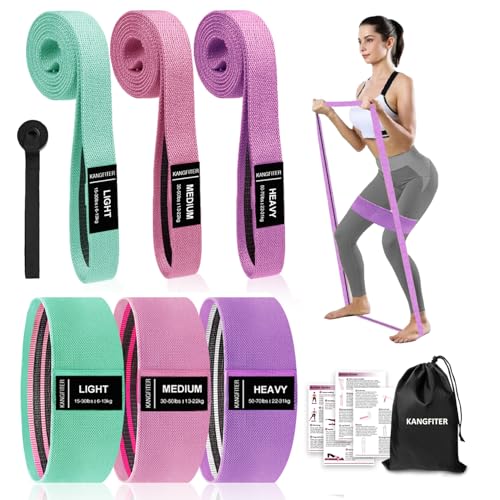 KANGFITER Long and Short 6 Fabric Resistance Bands Set with Door Anchor | Non-Slip Stretch Booty Bands for Working Out Women & Men, Loop Exercise Elastic Bands for Home Physical Therapy Yoga Pilates - color: Green, Pink, Purple 7 PCS
