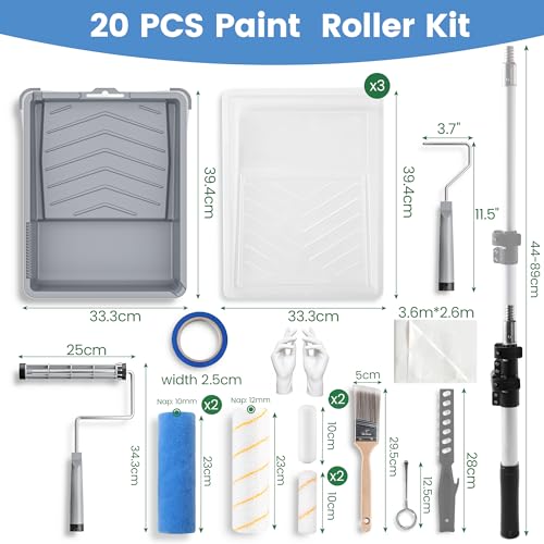 VOOMEY Paint Roller Kit with Adjustable 17-35 Inch Aluminum Pole, 9 & 4 Inch Rollers | 9" & 4" paint rollers with a 17-35" adjustable aluminum extension pole for walls, ceilings, trim and corners - size: 9 Inch kit with Buckle Extension Rod