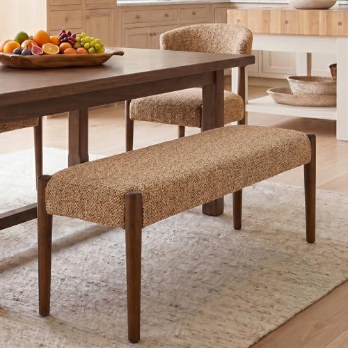 Usaint 42" End of Bed Bench with Wood Legs, Orange with Walnut Leg | Modern Upholstered Bedroom Bench with Rubberwood Legs, Entryway Bench with Cushion, Dining Bench for Living Room, Bedroom - color: Orange With Walnut Leg