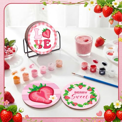 Reallnaive 8 Pcs Strawberry Paint by Numbers Kit for Adults Wooden Coasters | Mini Paint by Numbers, Tiny Pink Gnome Round Oil Painting Drink Coaster with Holder, for Small DIY Craft Birthday Gift - style: Strawberry