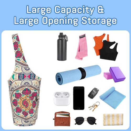 Mandala Yoga Mat Bag with Large Waterproof Zipper Pocket and Drawstring Pocket Long Tote Yoga Mat Carrier Holder Bags Fit Most Size Mats - color: Beige