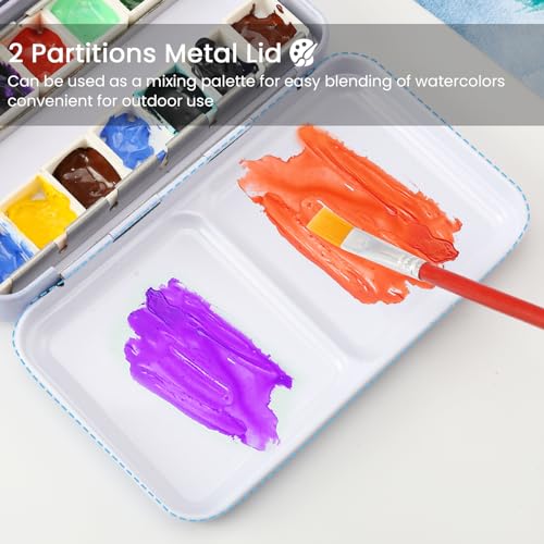 HAUSTG0 Metal Watercolor Palette - Empty Tin with Paint Tray and 14 Half Pans - Travel Palette with Lid - style: Illusionary Water