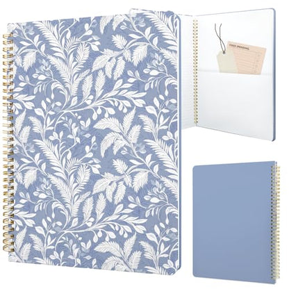 Cute Spiral Notebook journal A4 Aesthetic Pretty Design for Women Girls Kawaii with Pocket, 8.5 x 11 inch, Lined, Blue Leaves - color: Blue Leaves, style: Lined