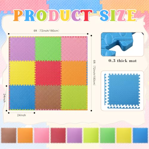 9 Pack 24 x 24'' Interlocking Puzzle Playmat 36 Sq.Ft EVA Foam Exercise Mat Floor Tiles with 16 Borders Non Slip Colorful Large Foam Mats for Home Gym Playroom Flooring Workout Studio