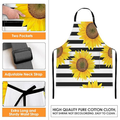 Apron with Pockets, 32x28 inch, for Women Men, Black White Flower | Sunflowers Striped Waterproof Adjustable Bib Aprons for Kitchen Cooking Baking Painting Gardening - color: Sunflower
