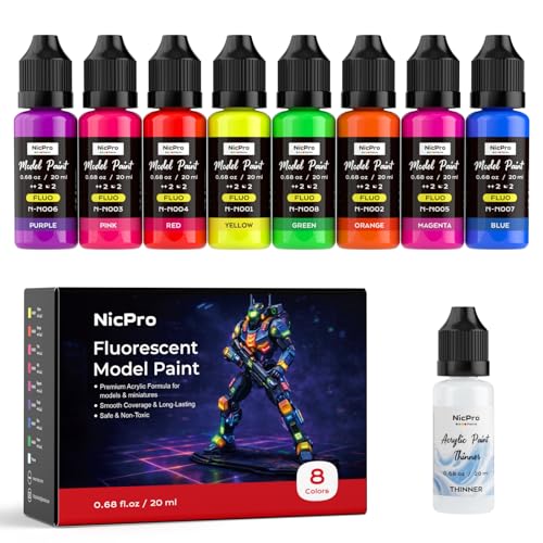 Nicpro 8 Colors Fluorescent Model Paint Set, 20ml Ready to Use | Neon Modeling Acrylic Paints, Brush & Airbrush Compatible Miniature Paint for Fantasy, Sci-Fi, Wargaming Figure with Thinner - style: Fluorescent & Neon