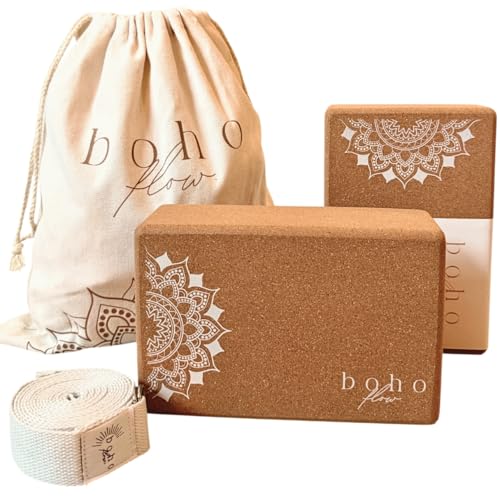 Cork Yoga Block Set – 2 Pack with Strap & Canvas Bag | Luxury Portuguese Yoga Blocks 9”x6”x3” | Heavy-Duty, Non-Slip Support | Eco-Friendly, Plastic-Free Materials