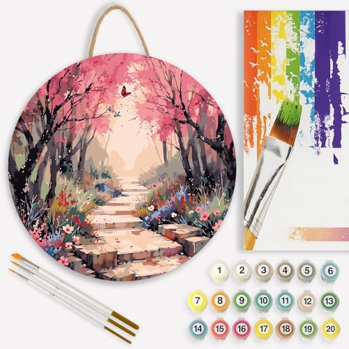 Flower Pathway Paint by Numbers Kit for Adults on Wood Board – DIY Cherry Blossom with Butterfly Wood Craft Painting Kit, 12 in Round, Acrylic Paint Set, Beginner-Friendly, Relaxing Home Decor Gift - color: FM04371