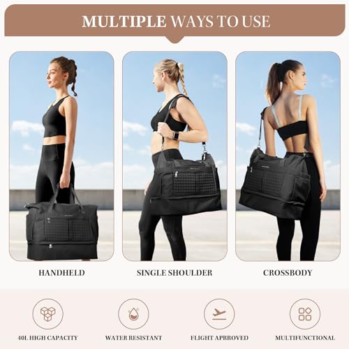 Maelstrom Gym Bag for Women,40L Travel Duffel Bag with Shoes Compartment and Wet Pocket,Waterproof Carry On Weekender Bag,Sport Gym Tote Bags Swimming Yoga, Hospital Holdalls（Black） - color: Black