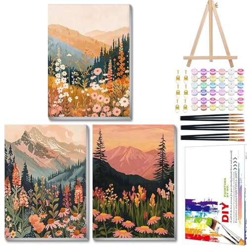 Mandun Landscape Paint by Numbers Kit for Adults, 3 Pack, 7.8x11.8 inch | DIY Painting Kits Crafts for Adults, Relieve Stress, Frame Canvas, Wooden Easel, Gift Box, Home Wall Decor - color: 3 Pack Wildflowers