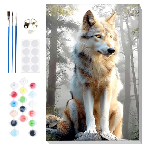 Bowetile Framed Wolf Paint by Numbers Kit for Adults, Adults' Paint-by-Number Kits on Canvas, Painting by Numbers Animal, Acrylic Animals Number Painting for Home Wall Decor, 8x12in - color: Wolf