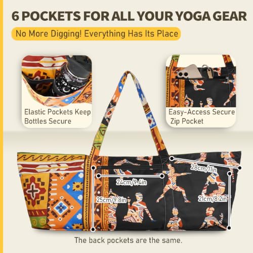Yoga Mat Bag Yoga Tote Bag with Large Waterproof Zipper Pocket and Drawstring Pocket Yoga Mat Bag Carrier Fit Most Size Mats and All You Stuff - color: black yellow orange