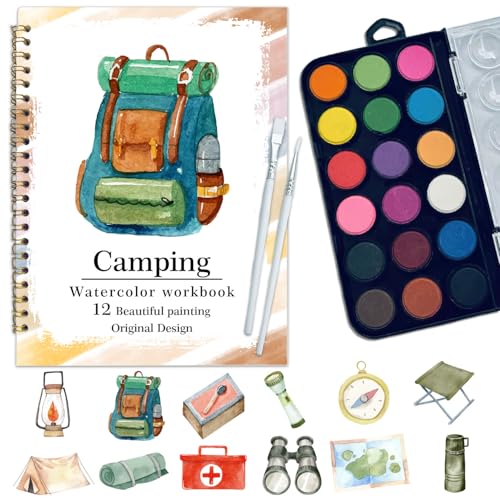 Watercolor Workbook, Water Coloring Book, 12 Different Patterns of Original DIY Designs, 18 Colors Watercolor Paint Set, Beginner-Friendly Watercolor Workbooks (Camping), Perfect Gifts for Adults - color: camping