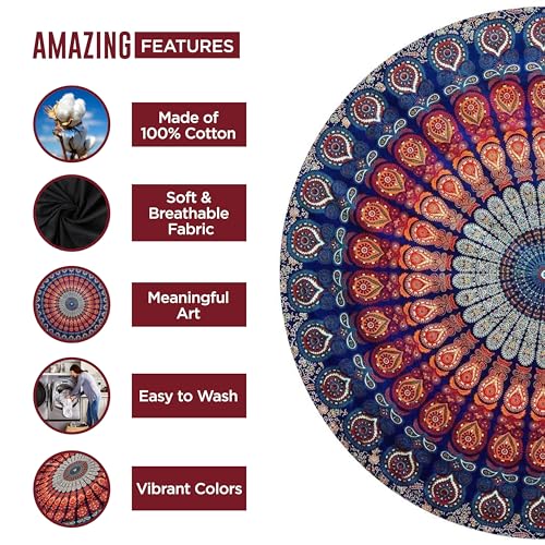 raajsee Navy Blue Mandala Round Beach Tapestry Hippie/Boho Mandala Beach Blanket Roundie/Indian Cotton Throw Bohemian Round Table Cloth/Home Decor/Yoga Mat Meditation Picnic Rugs 50 Inches Circle
