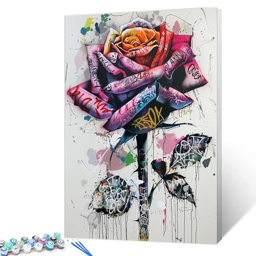 Tucocoo Graffiti Rose Paint by Number Kit for Adults and Women Multicolored Petals Paint by Numbers Kit for Adults Kits White Background Painting on Canvas Home Wall Decor 16x20 Inches （DIY Frame ） - color: Artwork-05, size: 16''Wx20''H(DIY frame)