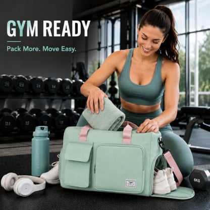 FIORETTO Women's Gym Duffle Bag with Shoes Compartment, 30L Capacity, Ideal for Travel, Gym, Sports, Duffel, Weekender - color: Green & Pink, style: Gym Bag