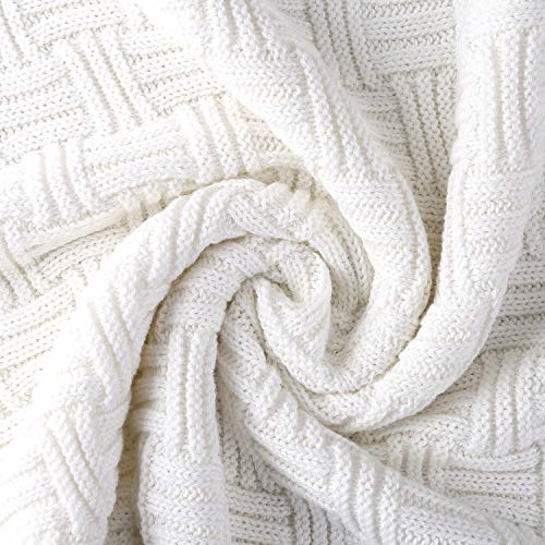 Longhui bedding Pure White Cotton Cable Knit Throw Blanket for Couch Chair Sofa,Soft Cozy Home Decorative Blankets for All Seasons, 50 x 60 Inch Gift a Washing Bag,2.2 pounds Silk Bow Tie Package - color: Pure White, Stripe Pattern, size: 50"x60"