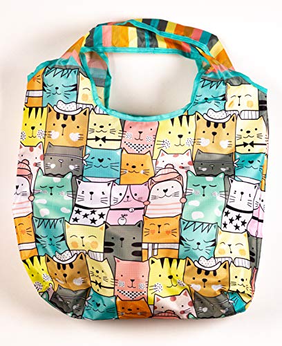 O-WITZ Reusable Grocery Bags | Vibrant Tote Bag For Groceries, Gym, Office, Beach Gear, Toys & More | Washable Design With Large Handles For Maximum Convenience | Folds Into A Small Pouch, Cat - color: Cat