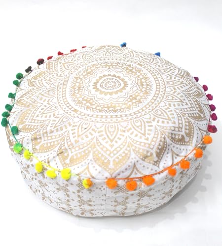 CRAFT KALA 18" Round Large Hippie Mandala Meditation Floor Ottoman Pillow Cushion Pouf Cover Square Poufs Bohemian Circle Floor Cushion Case Outdoor Fireplace Yoga Living Room Decor Cover Golden Ombre - color: Golden, size: 18"D x 18"W x 5"H
