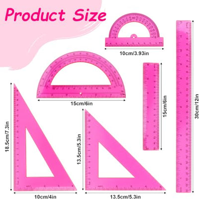 Plastic Clear Ruler Math Set - 6'' 12'' Transparent Straight Ruler, 4'' 6'' Protractor, 30/60 & 45/90 Triangle Ruler,Geometry Math Measuring Tool for School Home Office Drawing Teachers Kids Hot Pink - color: Hot Pink