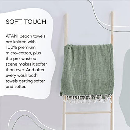 ATANI Turkish Beach Towel, Converts to a Bag, Oversized 100% Cotton Bath Towels Lightweight Quick-Dry Beach Blanket for Travel, Picnic, Camping, Yoga and Pool (Green + Bag, 35 inc x 69 inc) - color: Green + Bag, size: 35 inc x 69 inc
