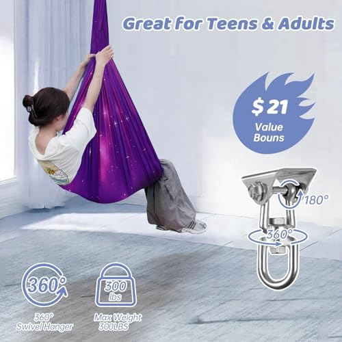 Aokitec Sensory Swing Kids & Adults, Double-Layer Indoor Outdoor Hammock | Therapy swing, Special Needs, Autism, Adjustable, Double-layer Polyester Holds 300LB, Swivel Hanger, All Hardware Included - color: Galaxy Purple