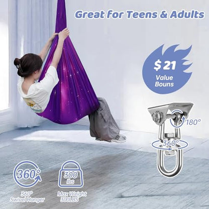 Aokitec Sensory Swing Kids & Adults, Double-Layer Indoor Outdoor Hammock | Therapy swing, Special Needs, Autism, Adjustable, Double-layer Polyester Holds 300LB, Swivel Hanger, All Hardware Included - color: Galaxy Purple