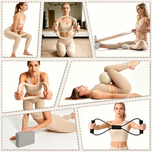 19 PCS Pilates Kit, Sand White/ Red Brown Pilates Sets with Yoga Block - color: sand white