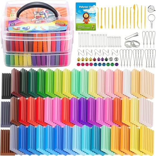 CiaraQ 50-Color Polymer Clay Oven Bake Modeling Kit | 14 sculpting tools, 2‑layer box, accessory pack, guide. Great for gifting, school, home, kids & artists. - color: 50 Colors, size: 20g / pcs