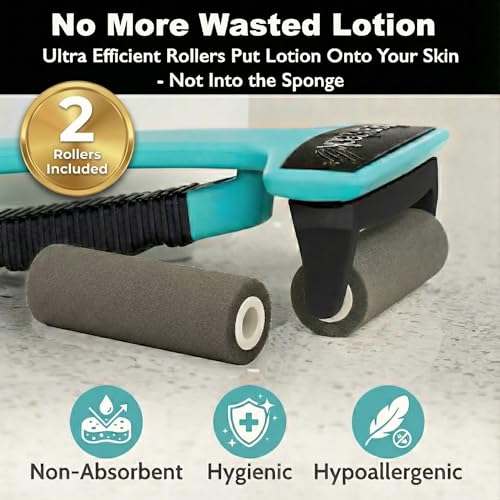 bearback Lotion Applicator for Back & Body Long-Reach Roller for Even Lotion, Sunscreen, Self-Tanner & Medication Application Foldable, Reusable, No-Help Design American Small Business (Teal)