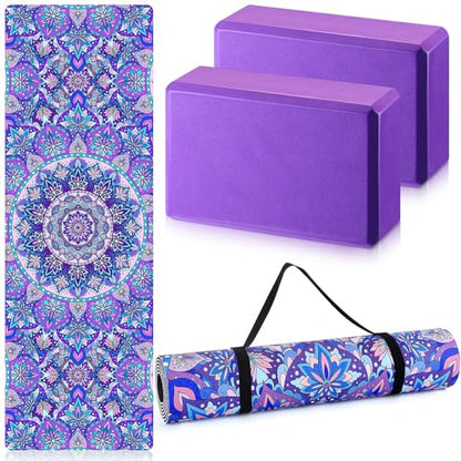 Tinideya 3 Pcs Yoga Mat and Blocks Set 6mm Non Slip Strap - color: Purple