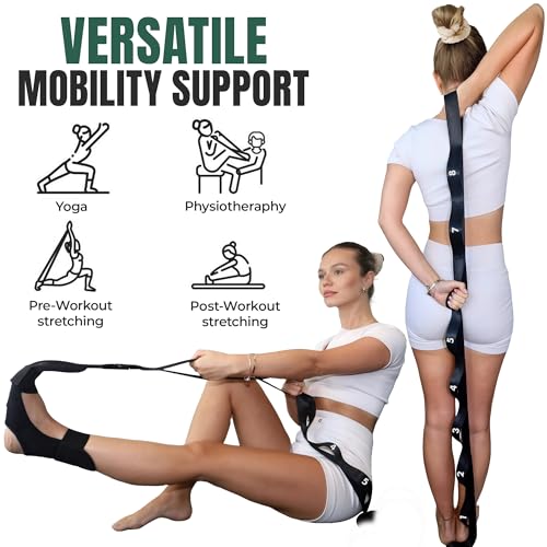 Stretch Strap with Loops Physical Therapy - Full Body Exercise Straps for Stretching with Detachable Foot - Leg & Calf Stretcher for Plantar Fasciitis, Physical Therapy, Pain Relief, and Flexibility - color: Black