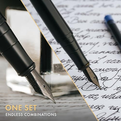 Wordsworth & Black Fountain Pen Gift Set, Medium & Extra Fine Nib,All Black | For Men & Women, Brass Body, 18K German Iridium, Ink Bottle + 6 Cartridges, Converter, Writing & Calligraphy, Journaling - color: All Black