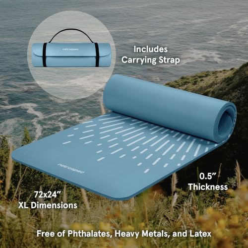 Retrospec Solana Yoga Mat Thick 1/2in Non-Slip Workout Mat with Nylon Strap - 72x24in Exercise Mat for Pilates, Stretching & Fitness - BPA Free, Easy Clean - color: Blue Mist