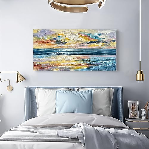 Art Hand Painted Ocean Landscape Oil Painting Sea Sunset Landscape Modern Abstract Art Home Wall Decoration 24x48 Inches - color: Yi031