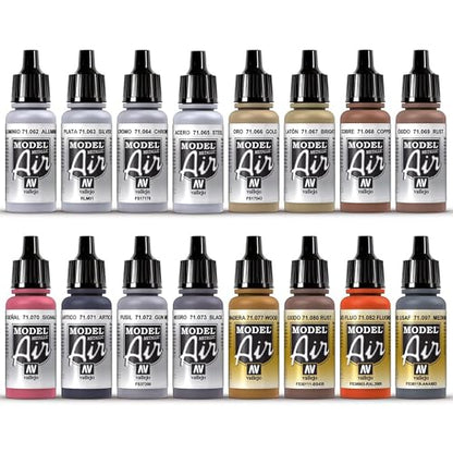 Vallejo Paints: Model Air Color Set - Metallic Effects - 16 Paint Colors - 18ml (.60oz) Bottles, Acrylics for Modeling & Miniatures, Opaque, Hobby