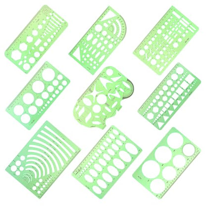 9 Piece Geometric Drawing Template Measuring Ruler Geometric Measuring Tools Transparent Green Plastic Ruler for Studying, Designing and Building