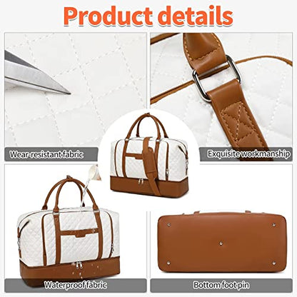 Weekender Bag, Large Travel Duffel Bag for Women, Carry on Overnight Bag with Shoe Compartment and Toiletry Bags - color: White-Brown