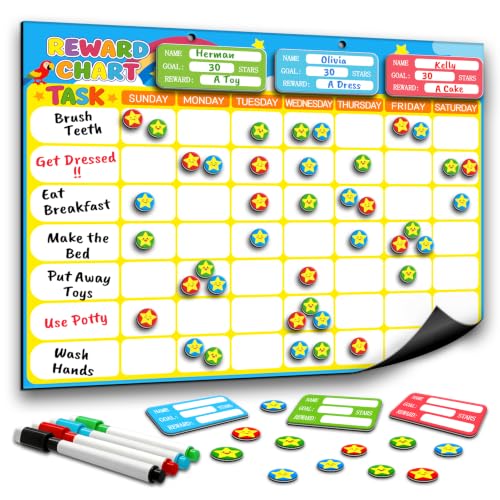 Magnetic Reward Chart for Kids, Customizable Dry Erase Weekly Chore Chart - size: 3 Kids-Stars