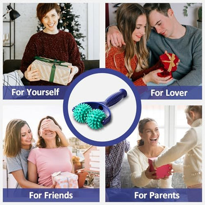 Handheld Spiky Massage Balls Rollers, 2 Wheel Spiky Massage Ball Rollers Silicone Manual Massage Roller with Handle Pressure Point Muscle Massage Tool for Foot Arm Body Neck Leg Pain Pressure Relief - color: Blue Green