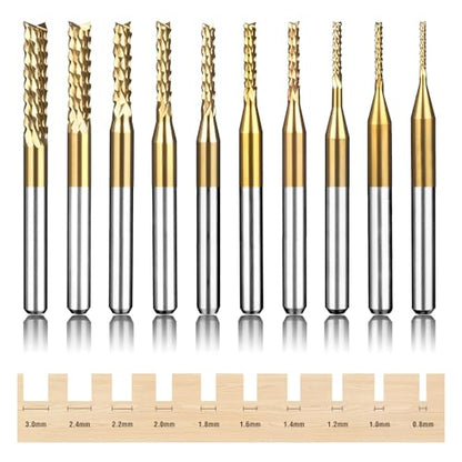 Titanium Coated Engraving Milling Cutter Carbide Bits, 0.8-3mm, 1/8'' Shank, 10 Pieces, for Dremel Rotary Tools
