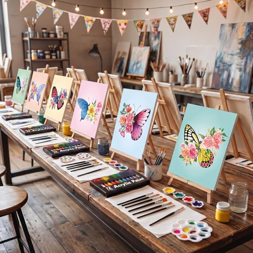 Ctosree 72 Pcs Butterfly Paint and Sip Kit for Adults 8'' x 10'' Pre Drawn Canvas for Painting DIY Pre Printed Canvas for Party Favor Acrylic Painting Kit Wood Easel Brushes Date Night Bulk - style: Butterfly
