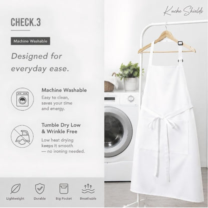 Polyester White/Black Bib Apron - 2 Large Pockets Women Aprons for Kitchen, Baking, Painting, and Halloween - color: White