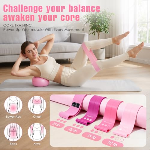Pilates Kit, Pilates Equipment for Home Workouts, Home Pilates Essentials Kit for Women with Pilates Ring and Ball Set, Socks, Ankle Resistance Bands with Cuffs, Resistance Band and Massage Ball - color: Pink