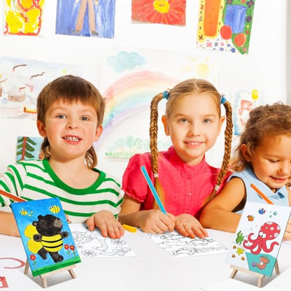 Tenceur 48 Pcs Kids Canvas Painting Kit Pre Drawn with Easel Paint Apron | Ocean Animals Pre Drawn Panel, Wooden Easels, Paint Pot Brushes, Mini Aprons Tote Bags, Birthday Party for Boys Girls Student - style: Fresh