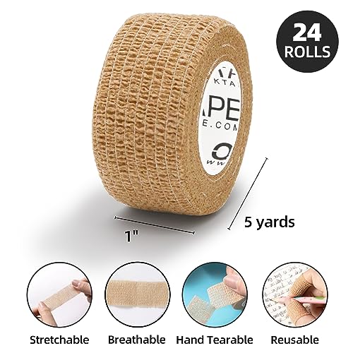 OK TAPE Self Adherent Cohesive Bandages Wrap 24Packs 1" x 5 Yards | Non-Woven Self Adhesive Bandage Wrap for Thumb, Finger, Wrist, Ankle, Vet Wrap Bandages Tape (Beige) - color: Beige/Tan, size: 1 In x 5 Yards